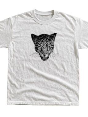 White T‑Shirt with Black Leopard Head Print